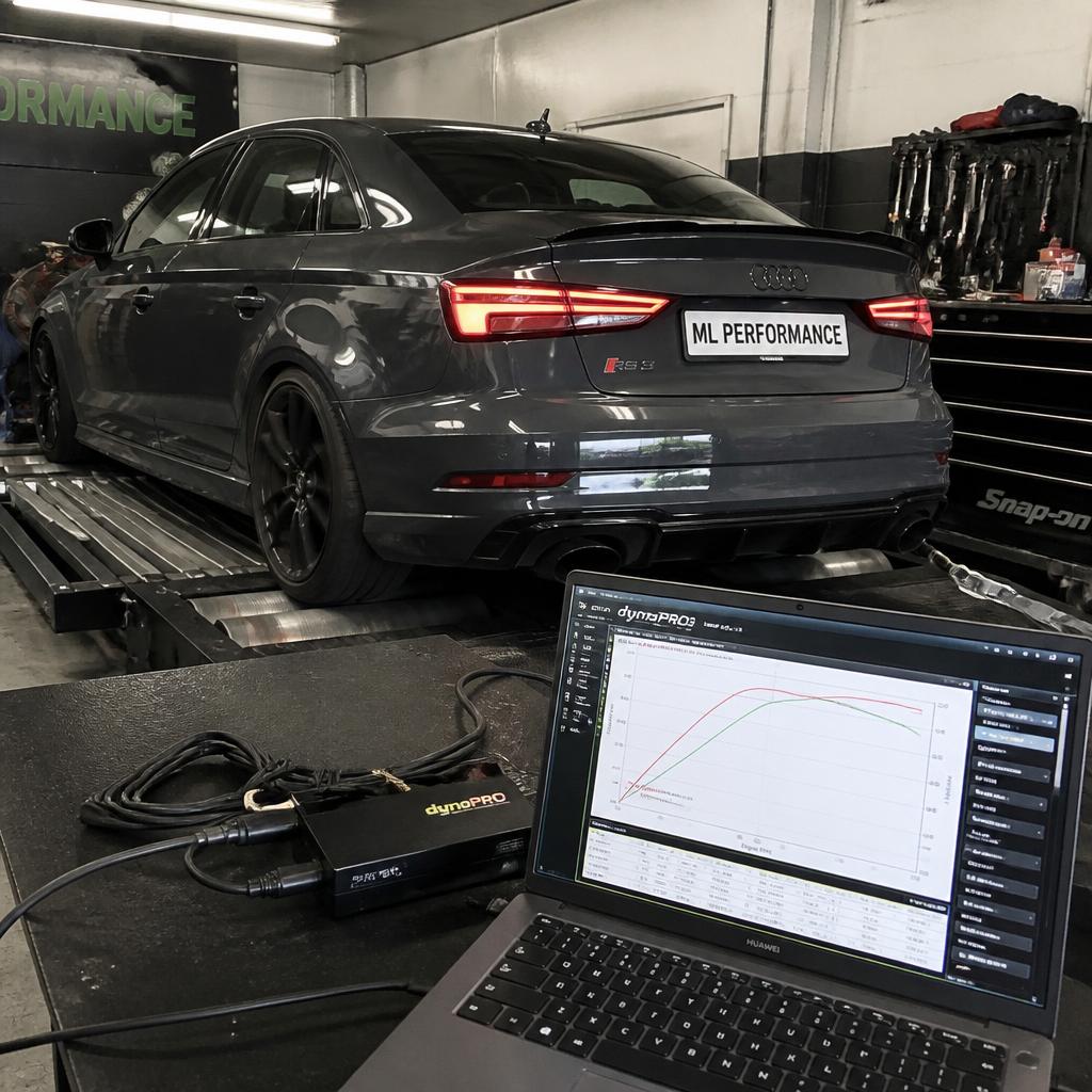 Performance car strapped to a rolling road dyno during a custom stage remap