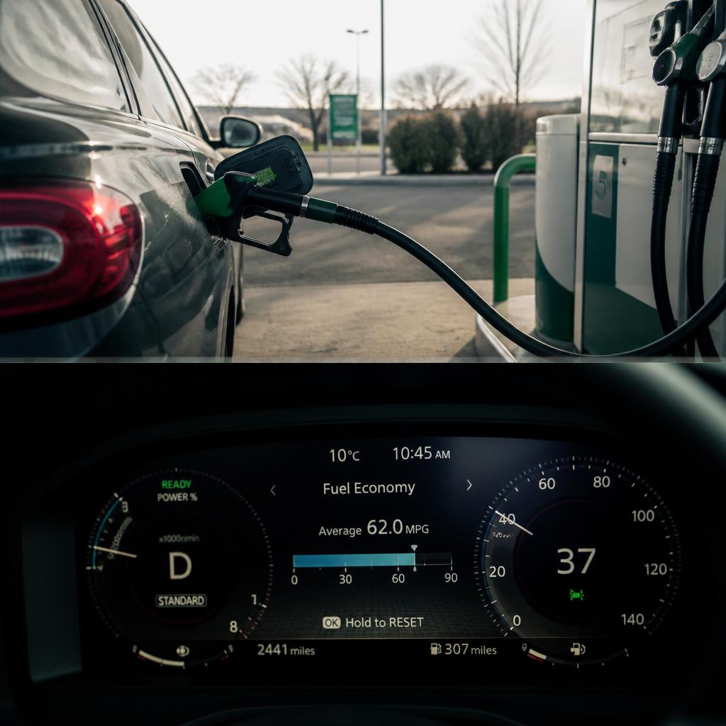 Car dashboard showing improved fuel economy readout after eco tuning