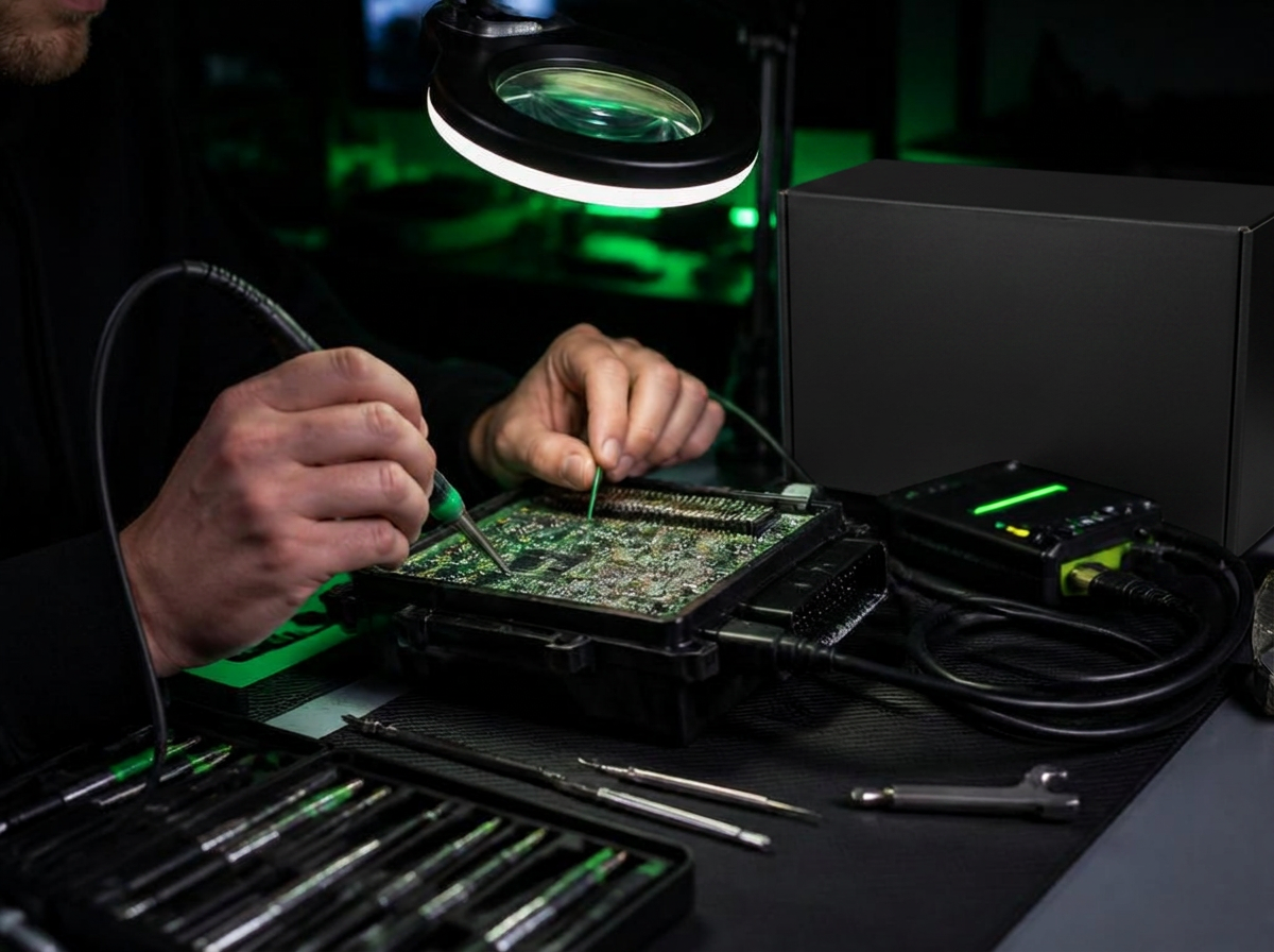 Technician soldering a vehicle ECU circuit board on a workshop bench