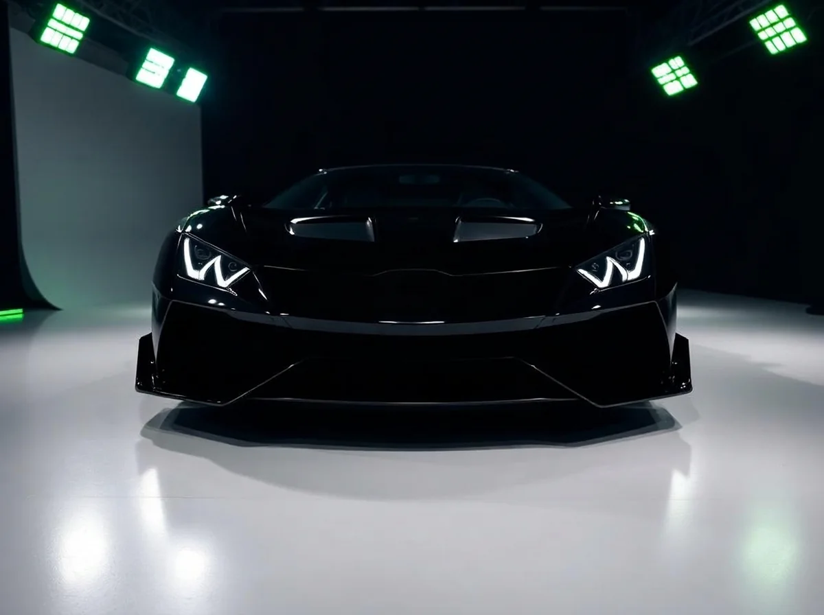 Black performance car in studio with green lighting representing guaranteed tuning results