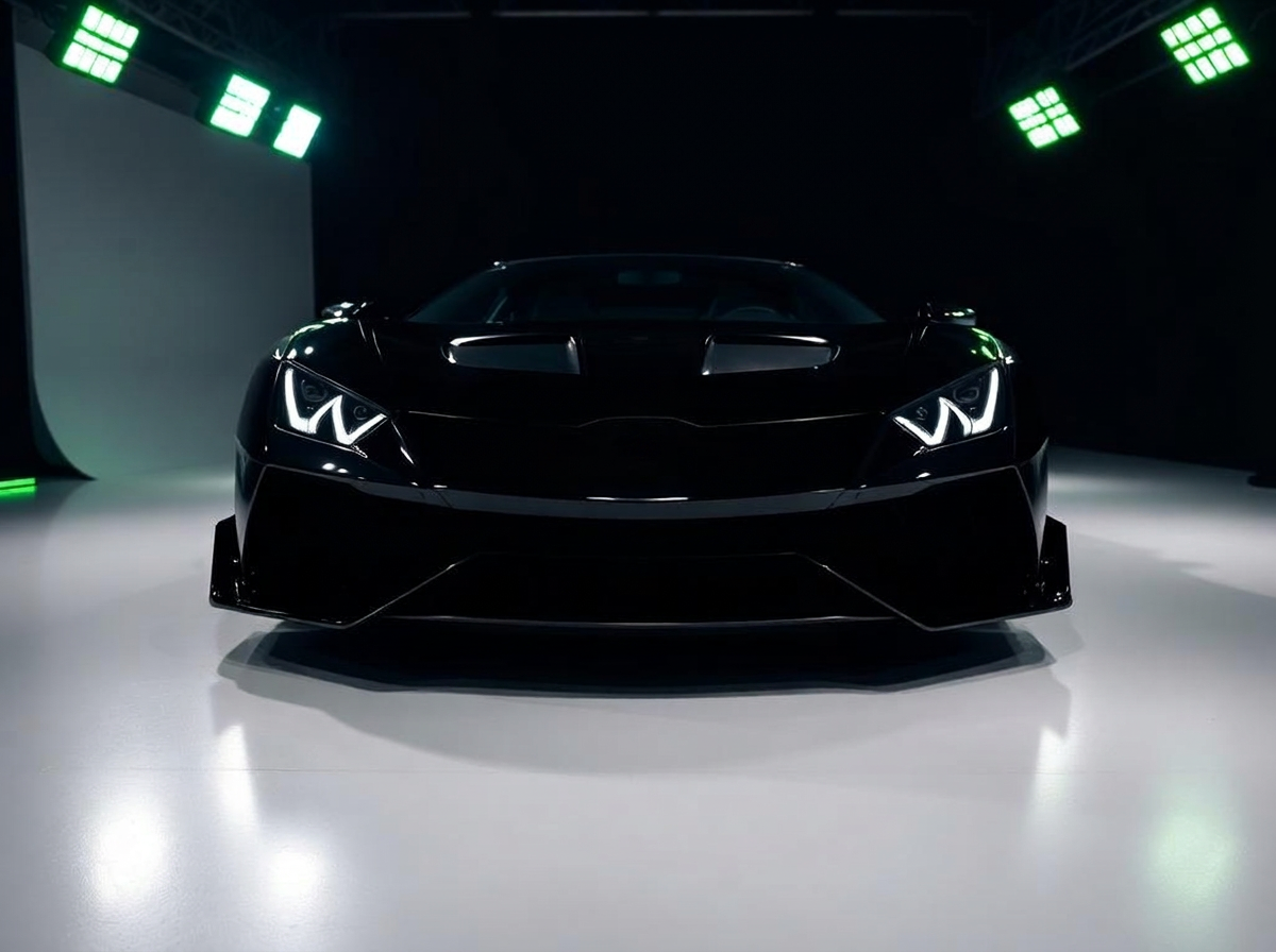 Black performance car in studio with green lighting representing guaranteed tuning results